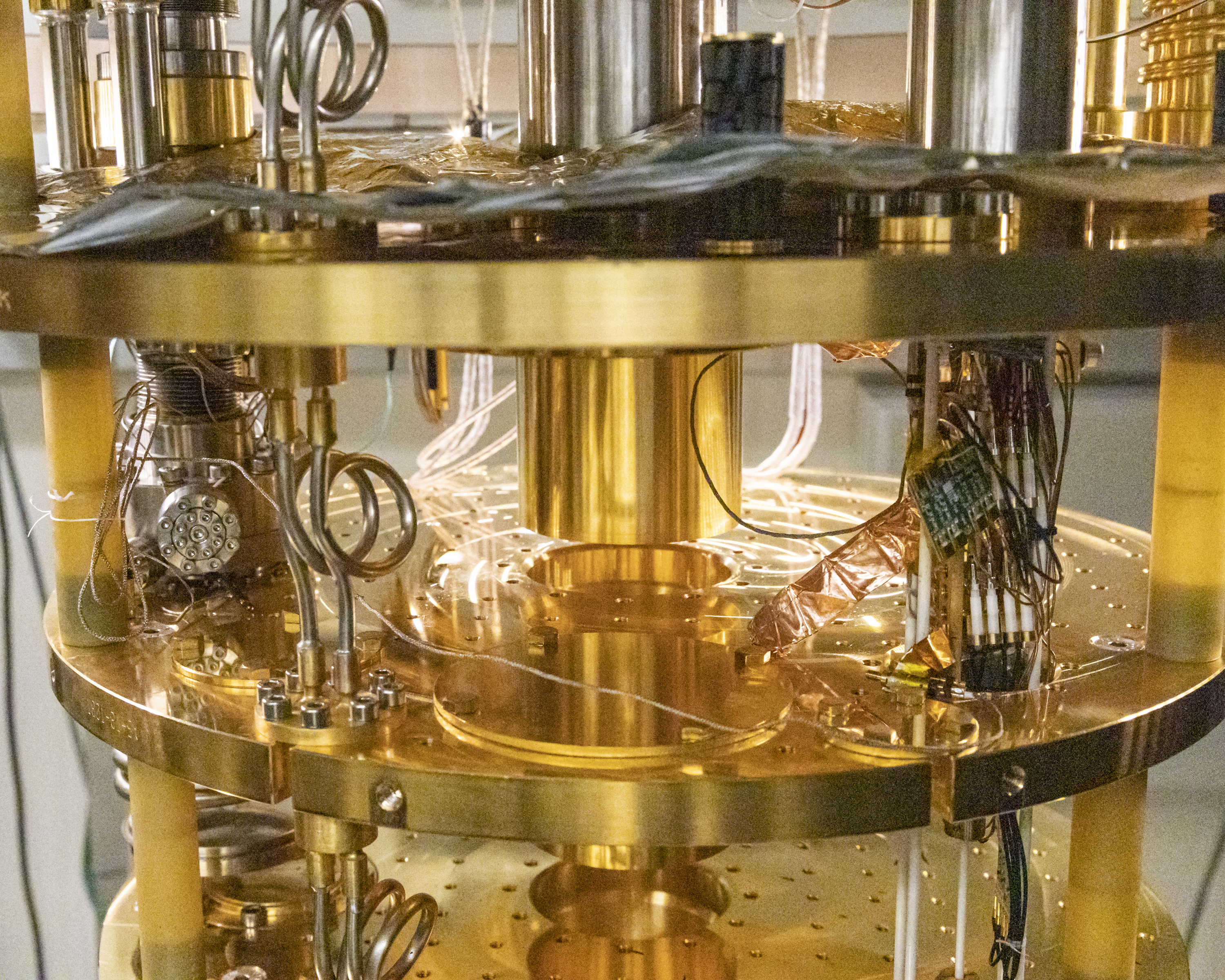 A dilution refrigerator used for quantum computing research at Oak Ridge National Laboratory.